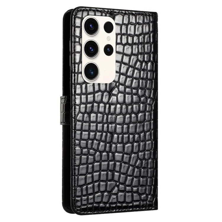 Pour Samsung Galaxy S23 Ultra Crocodile Texture Foldable Stand Leather Cover Phone Wallet Case avec Main Strap - Noir