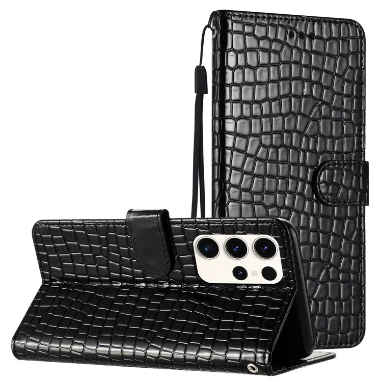 Pour Samsung Galaxy S23 Ultra Crocodile Texture Foldable Stand Leather Cover Phone Wallet Case avec Main Strap - Noir