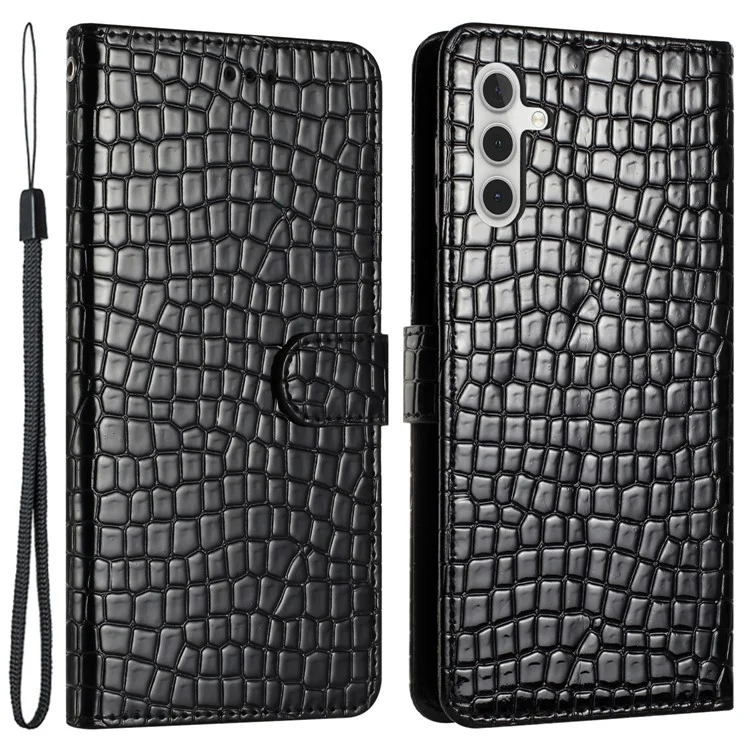 Pour Samsung Galaxy A54 5G Crocodile Texture Stand Leather Cover Anti-drop Phone Wallet Case avec Sangle à Main - Noir