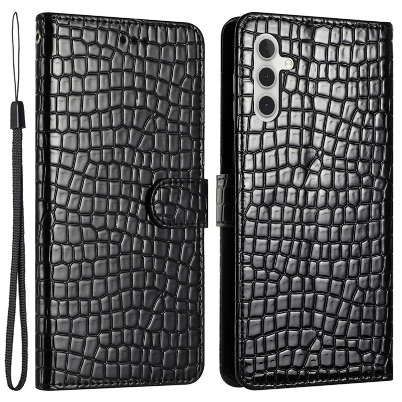 Leather Cover for Samsung Galaxy A34 5G Crocodile Texture Stand Phone Wallet Case with Hand Strap - Black