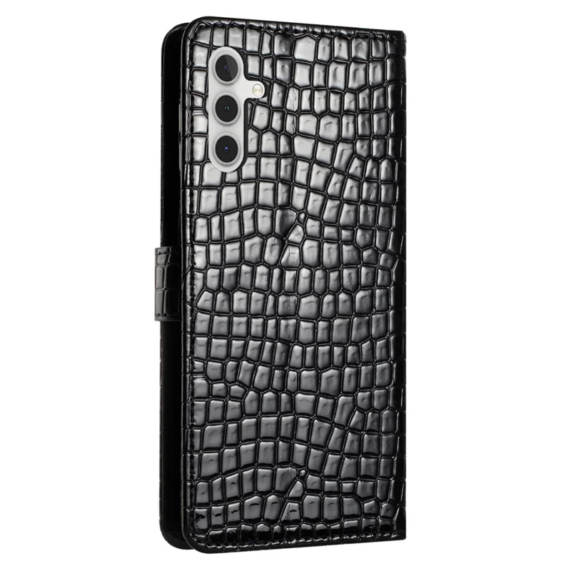 Leather Cover for Samsung Galaxy A34 5G Crocodile Texture Stand Phone Wallet Case with Hand Strap - Black
