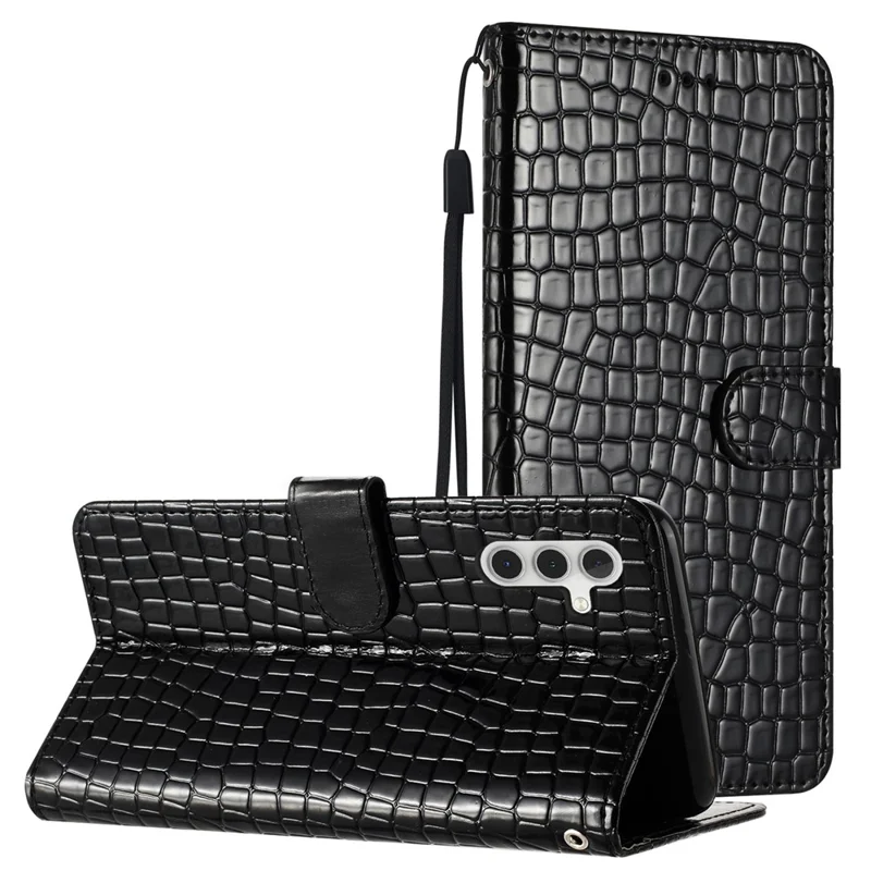 Leather Cover for Samsung Galaxy A34 5G Crocodile Texture Stand Phone Wallet Case with Hand Strap - Black