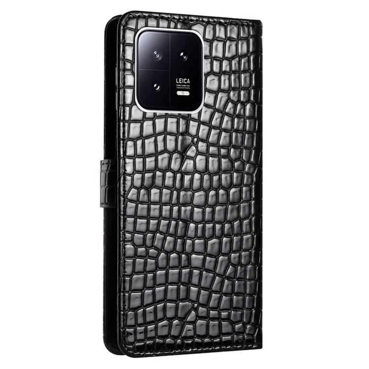 Crocodile Texture Phone Case for Xiaomi 13 , Shockproof Leather Cover Stand Wallet with Hand Strap - Black
