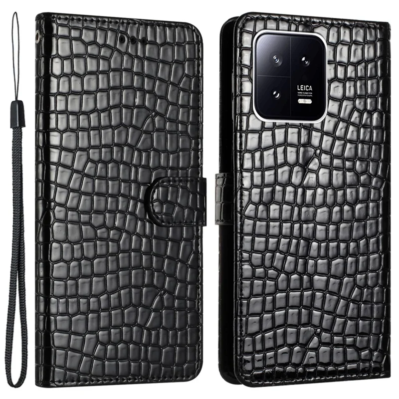 Crocodile Texture Phone Case for Xiaomi 13 Pro 5G , Bump Proof Leather Cover Stand Wallet with Hand Strap - Black