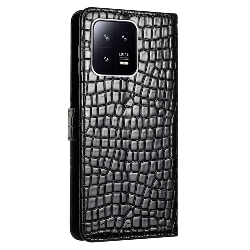 Crocodile Texture Phone Case for Xiaomi 13 Pro 5G , Bump Proof Leather Cover Stand Wallet with Hand Strap - Black
