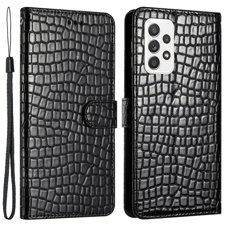 Carteira de Suporte Para Samsung Galaxy A72 4G / 5G Capa de Couro Caixa de Telefone de Textura de Crocodilo Com Alça de Mão - Preto