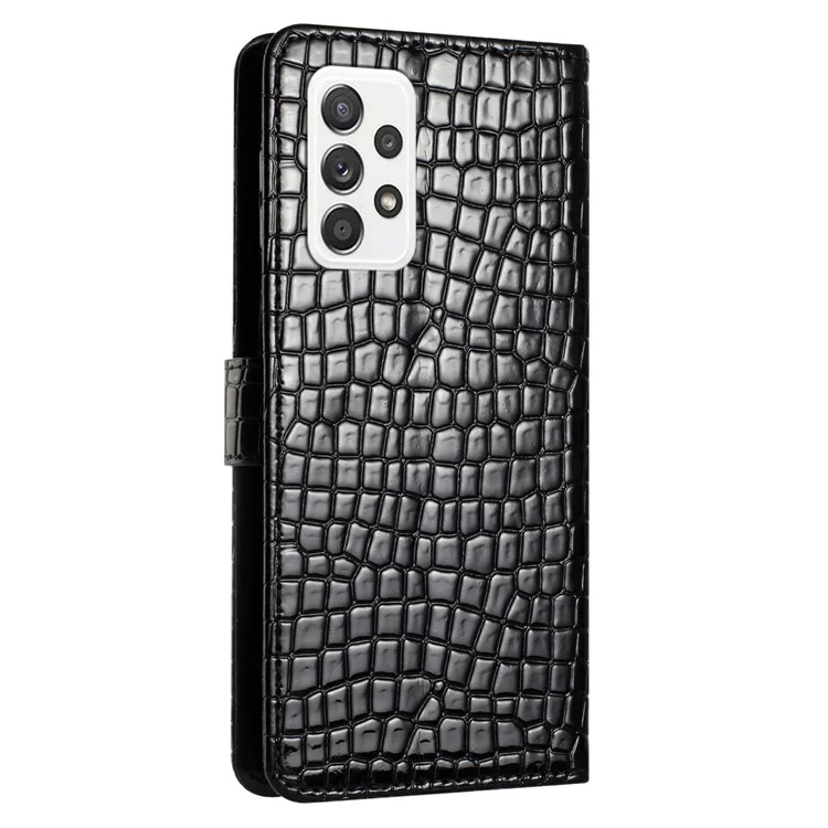 Carteira de Suporte Para Samsung Galaxy A72 4G / 5G Capa de Couro Caixa de Telefone de Textura de Crocodilo Com Alça de Mão - Preto