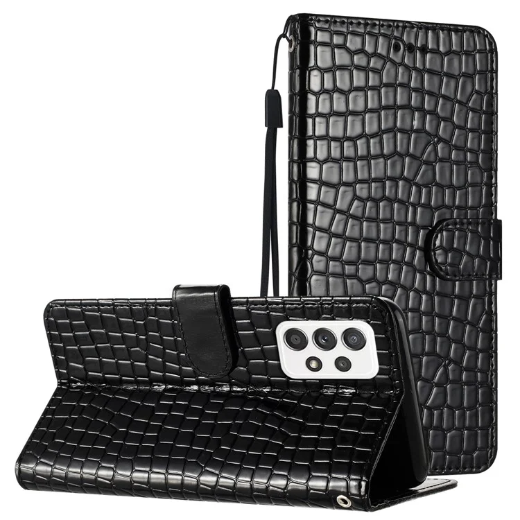 Carteira de Suporte Para Samsung Galaxy A72 4G / 5G Capa de Couro Caixa de Telefone de Textura de Crocodilo Com Alça de Mão - Preto