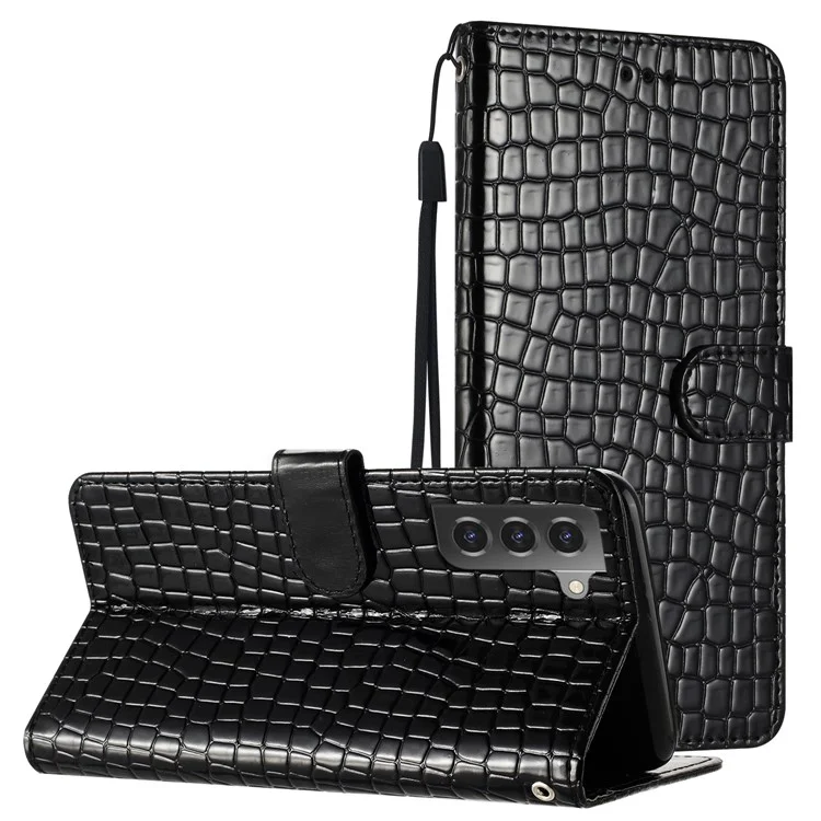 Pour Samsung Galaxy S22 5G Crocodile Texture Anti-drop Phone Case Leather Cover Stand Wallet avec Sangle à Main - Noir
