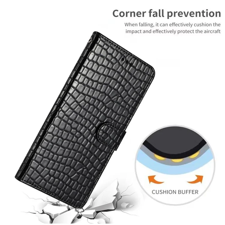 For Samsung Galaxy A42 5G Book Style Crocodile Texture Phone Case Leather Cover Stand Wallet with Hand Strap - Black