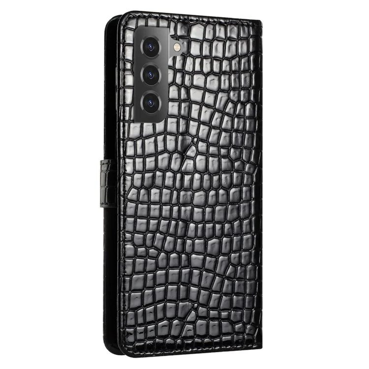 Phone Case for Samsung Galaxy S22+ 5G Leather Cover Crocodile Texture Stand Wallet with Hand Strap - Black