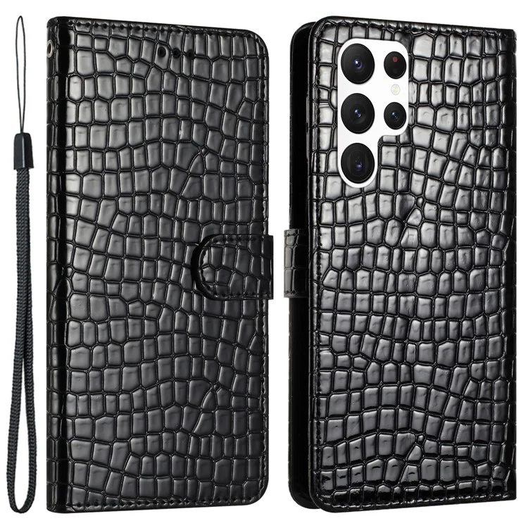 For Samsung Galaxy S22 Ultra 5G Leather Cover Crocodile Texture Stand Wallet Phone Case with Hand Strap - Black