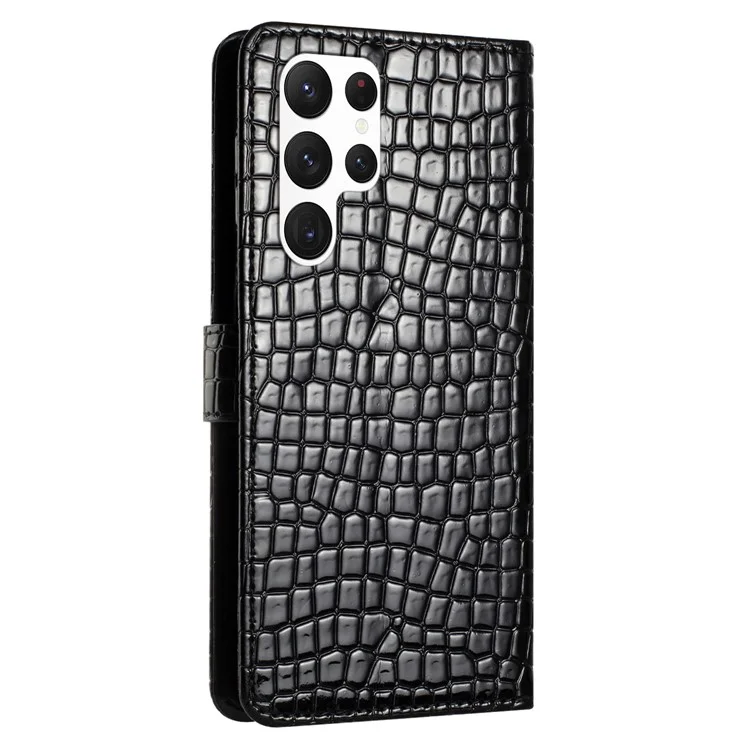 For Samsung Galaxy S22 Ultra 5G Leather Cover Crocodile Texture Stand Wallet Phone Case with Hand Strap - Black