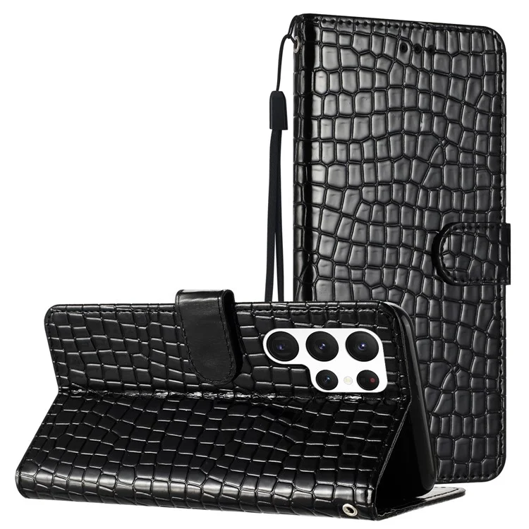 For Samsung Galaxy S22 Ultra 5G Leather Cover Crocodile Texture Stand Wallet Phone Case with Hand Strap - Black