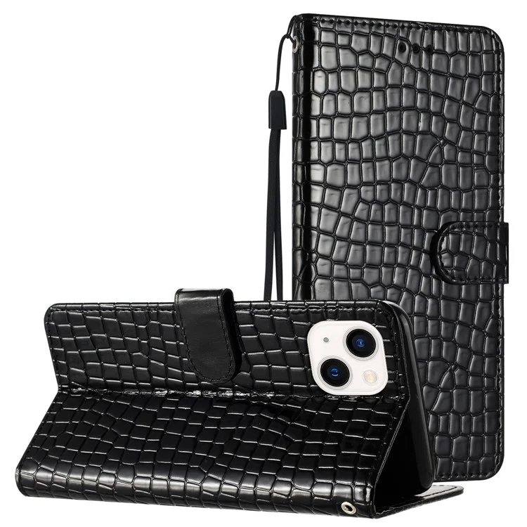 Para iPhone 13 mini 5.4 polegadas Fecho Magnético Textura de Crocodilo PU Leather Stand Phone Wallet Case com Alça - Preto