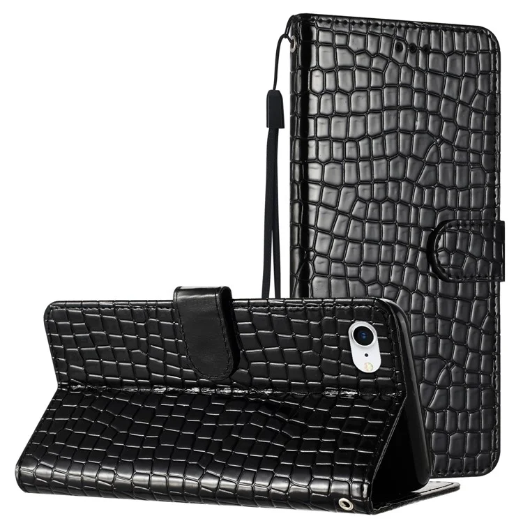 Flip -cover Für Iphone 6 / 6s / 7 / 8 Crocodile Textur Stand Telefon PU Leder Brieftasche Mit Handgurt - Schwarz