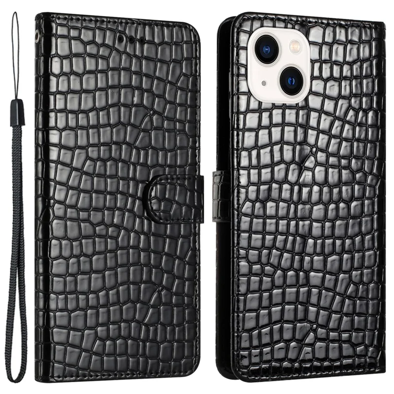 Flip Cover for iPhone 14 Crocodile Texture PU Leather Stand Phone Wallet Case with Hand Strap - Black