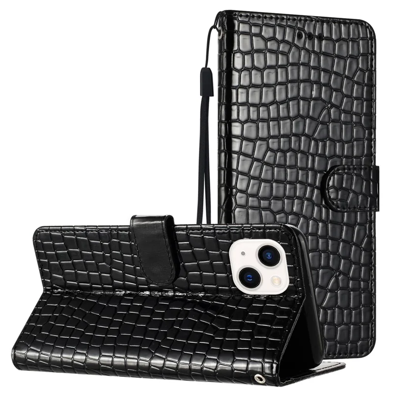 Flip Cover for iPhone 14 Crocodile Texture PU Leather Stand Phone Wallet Case with Hand Strap - Black