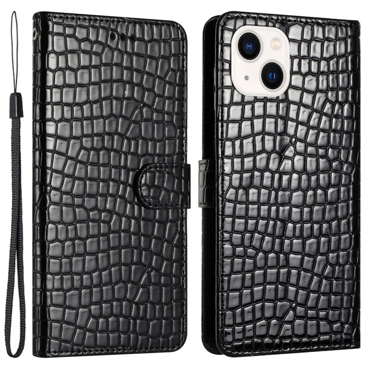 For iPhone 13 6.1 inch PU Leather+TPU Cover Crocodile Texture Stand Phone Wallet Case with Hand Strap - Black