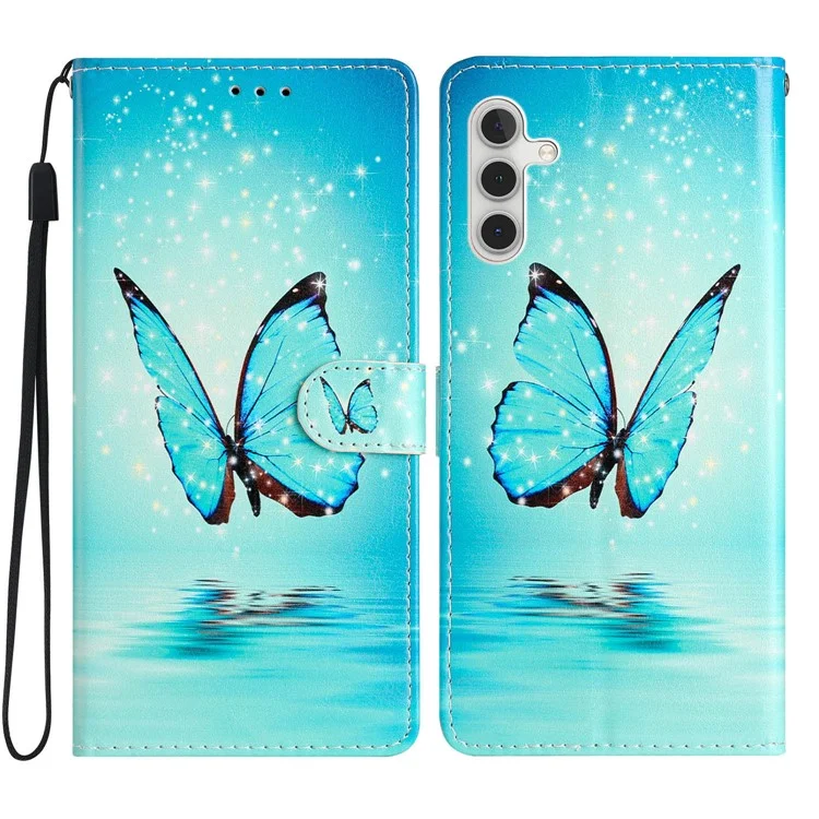 For Samsung Galaxy S23 FE PU Leather Phone Case Wallet Stand Pattern Printing Cover with Strap - Blue Butterfly