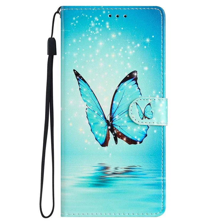 For Samsung Galaxy S23 FE PU Leather Phone Case Wallet Stand Pattern Printing Cover with Strap - Blue Butterfly