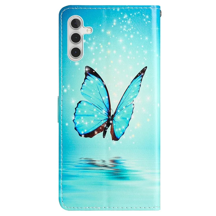 For Samsung Galaxy S23 FE PU Leather Phone Case Wallet Stand Pattern Printing Cover with Strap - Blue Butterfly