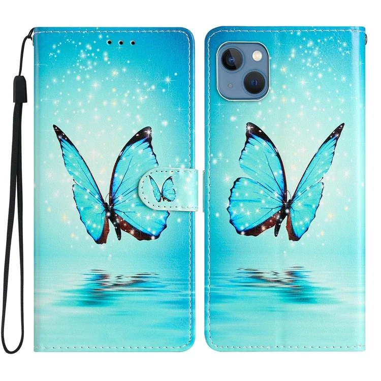 For iPhone 15 PU Leather Flip Cover Wallet Stand Pattern Printing Phone Case with Strap - Blue Butterfly