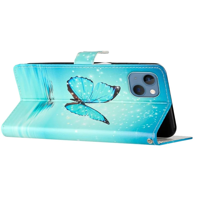 For iPhone 15 PU Leather Flip Cover Wallet Stand Pattern Printing Phone Case with Strap - Blue Butterfly
