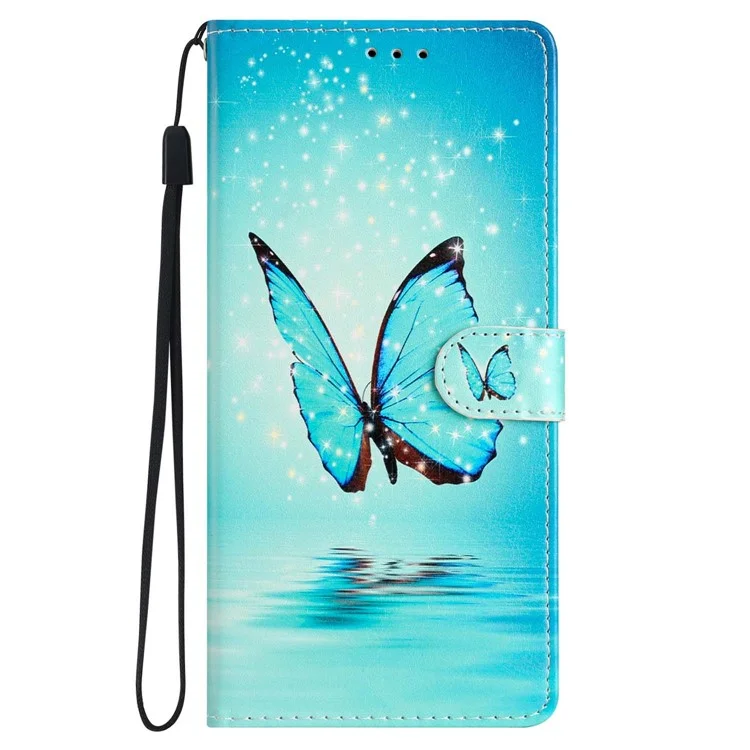 For iPhone 15 PU Leather Flip Cover Wallet Stand Pattern Printing Phone Case with Strap - Blue Butterfly