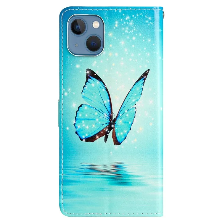 For iPhone 15 PU Leather Flip Cover Wallet Stand Pattern Printing Phone Case with Strap - Blue Butterfly