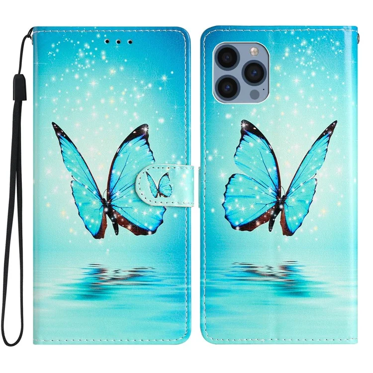 For iPhone 15 Pro Stand Phone Case Pattern Printing PU Leather Wallet Cover with Strap - Blue Butterfly
