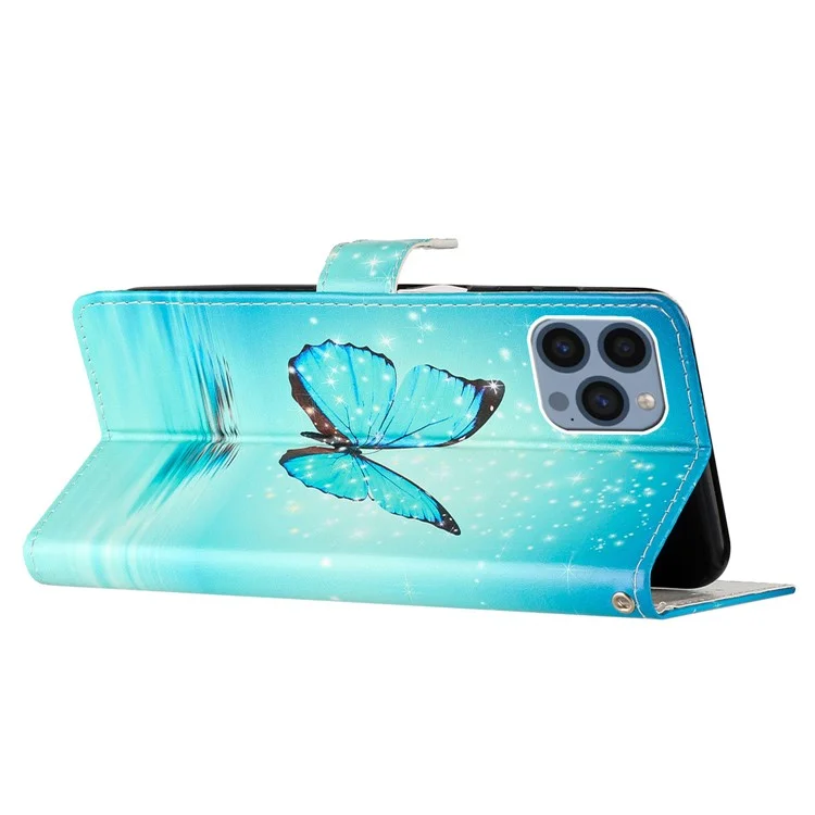For iPhone 15 Pro Stand Phone Case Pattern Printing PU Leather Wallet Cover with Strap - Blue Butterfly