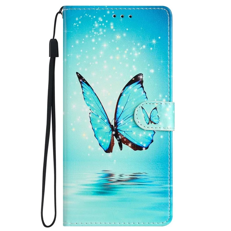 For iPhone 15 Pro Stand Phone Case Pattern Printing PU Leather Wallet Cover with Strap - Blue Butterfly