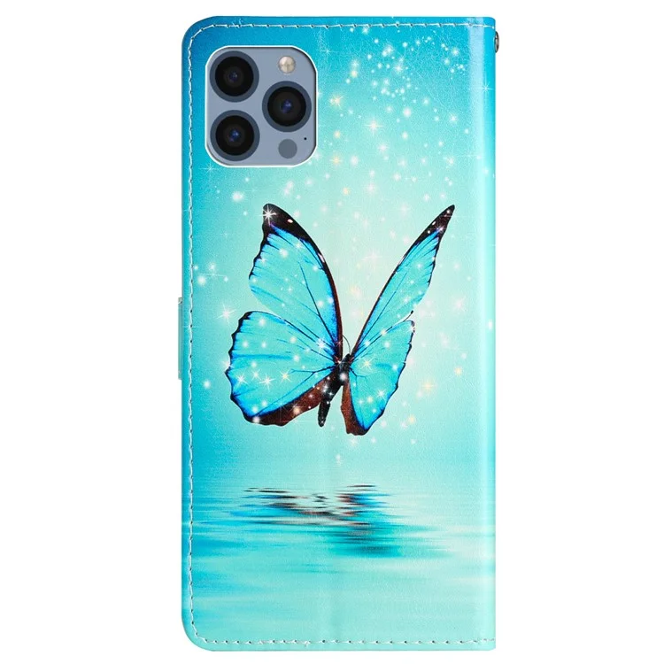 For iPhone 15 Pro Stand Phone Case Pattern Printing PU Leather Wallet Cover with Strap - Blue Butterfly