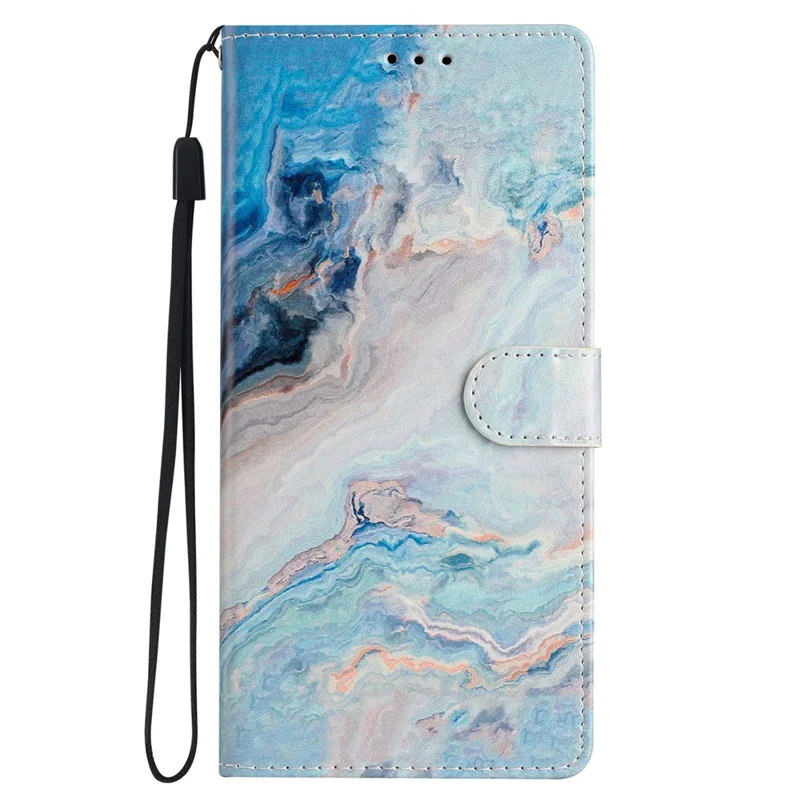 For iPhone 15 Pro Stand Phone Case Pattern Printing PU Leather Wallet Cover with Strap - Blue Marble