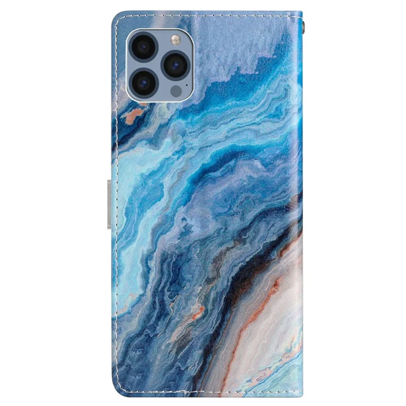 For iPhone 15 Pro Stand Phone Case Pattern Printing PU Leather Wallet Cover with Strap - Blue Marble