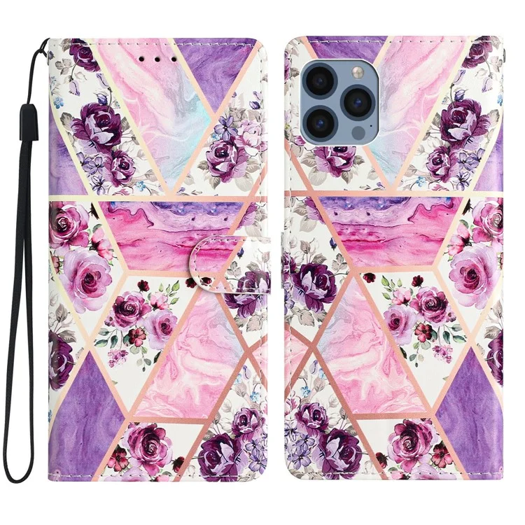 Per iPhone 15 Pro Max Pattern Printing Flip Phone Case PU Leather Wallet Stand Cover con Cinturino - Purple Flowers