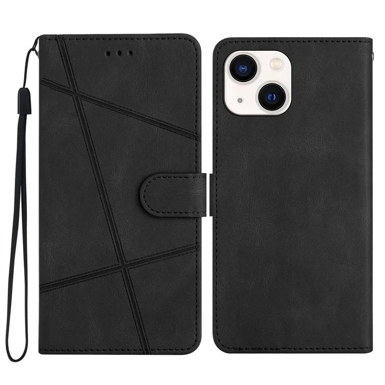 Para iPhone 15 Funda de Cartera de Piel Soporte para Teléfono Textura de Caballo Loco Funda de Teléfono Cubierta de Concha con Líneas Impresas - Negro