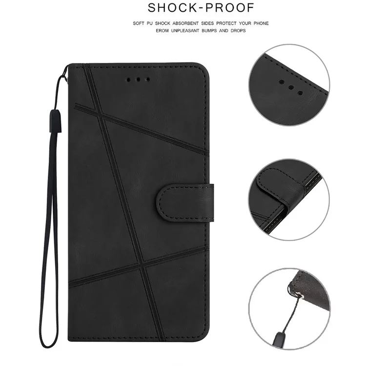 Para iPhone 15 Funda de Cartera de Piel Soporte para Teléfono Textura de Caballo Loco Funda de Teléfono Cubierta de Concha con Líneas Impresas - Negro