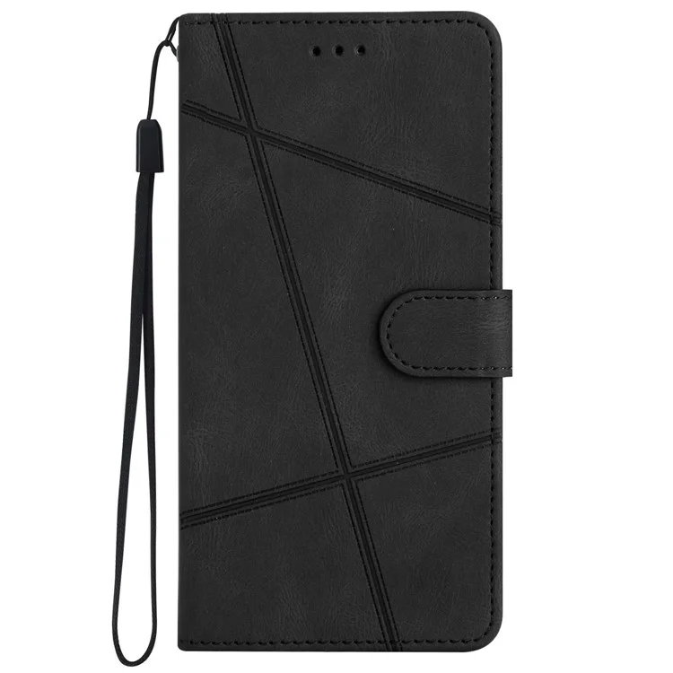 Para iPhone 15 Funda de Cartera de Piel Soporte para Teléfono Textura de Caballo Loco Funda de Teléfono Cubierta de Concha con Líneas Impresas - Negro