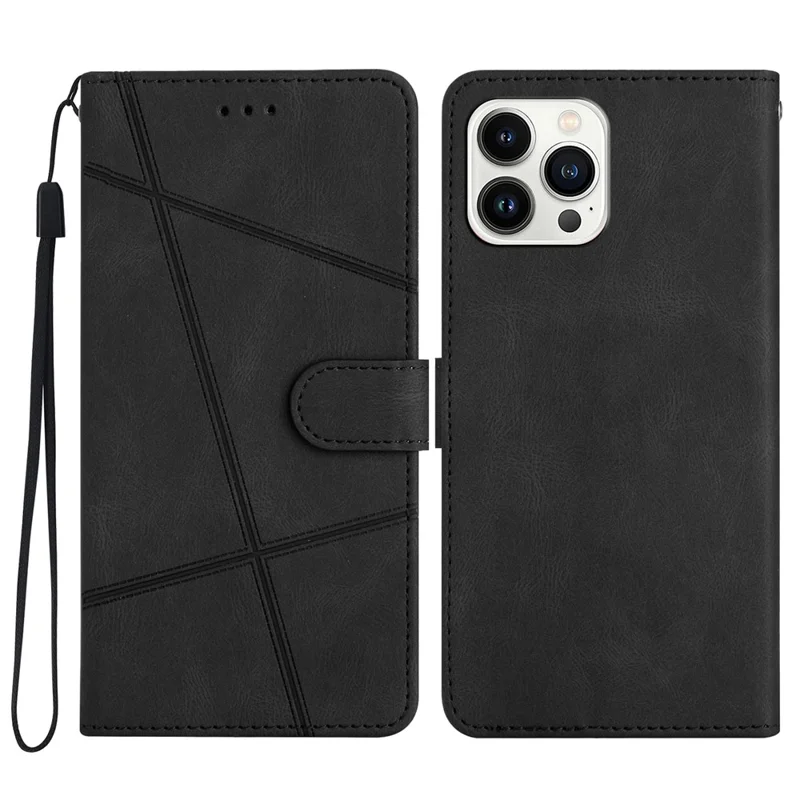 For iPhone 15 Pro Phone Cover Imprinted Lines Crazy Horse Texture Shell Leather Phone Stand Case Wallet - Black