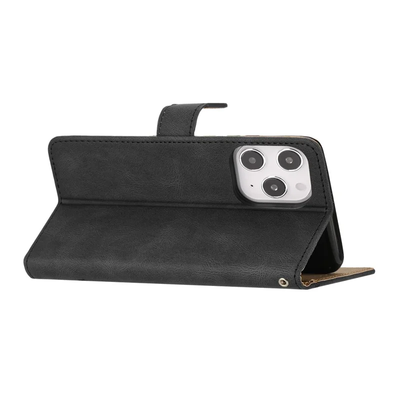 For iPhone 15 Pro Phone Cover Imprinted Lines Crazy Horse Texture Shell Leather Phone Stand Case Wallet - Black