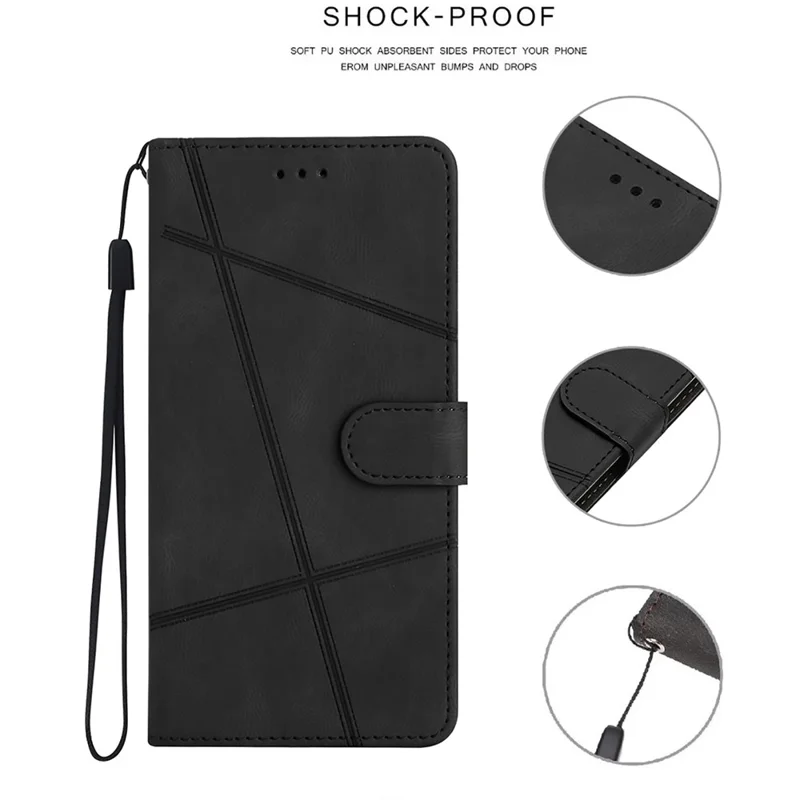 For iPhone 15 Pro Phone Cover Imprinted Lines Crazy Horse Texture Shell Leather Phone Stand Case Wallet - Black