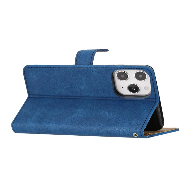 For iPhone 15 Pro Max Phone Stand Case Wallet PU Leather Phone Cover Crazy Horse Texture Imprinted Lines Shell - Blue