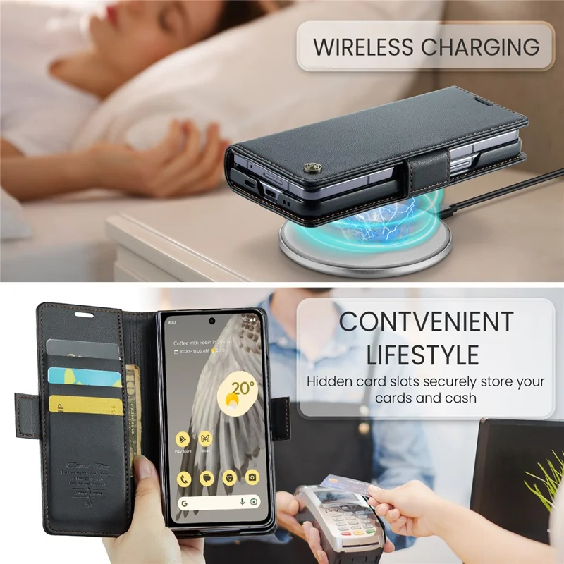 For Google Pixel Fold Leather Case CASEME 023 RFID Blocking 3 Card Slot Mobile Cover - Black