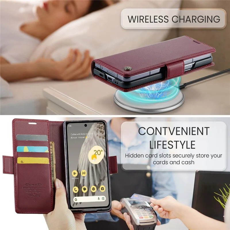 For Google Pixel Fold Leather Case CASEME 023 RFID Blocking 3 Card Slot Mobile Cover - Red