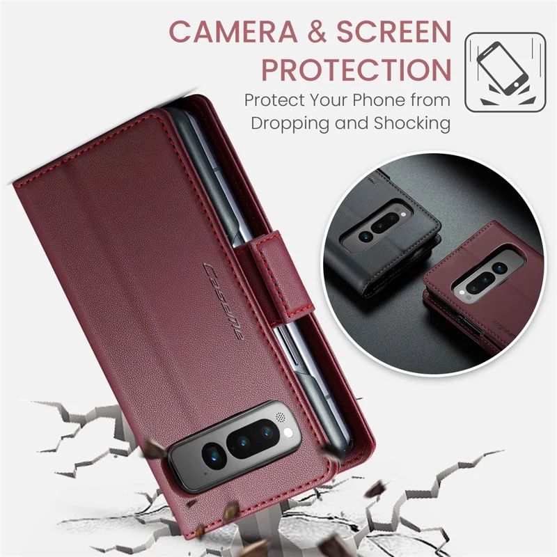 For Google Pixel Fold Leather Case CASEME 023 RFID Blocking 3 Card Slot Mobile Cover - Red