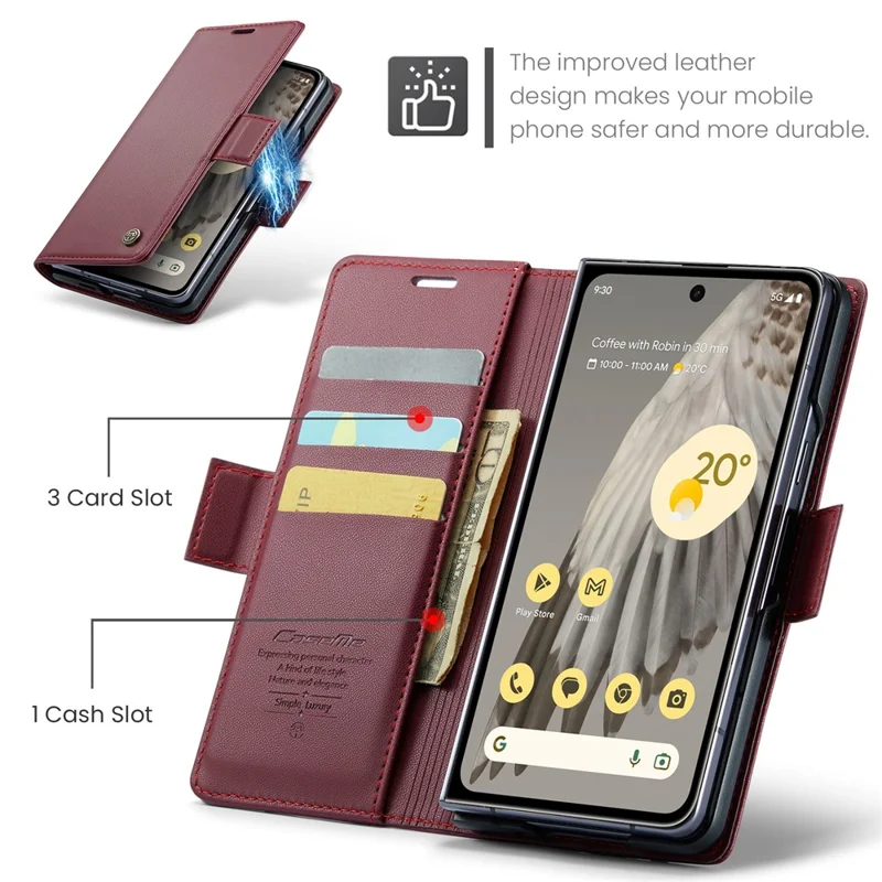 For Google Pixel Fold Leather Case CASEME 023 RFID Blocking 3 Card Slot Mobile Cover - Red