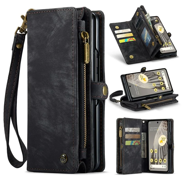 CASEME 008 Series para Google Pixel Fold Estuche de teléfono con bolsillo con cremallera, de pie y billetera Funda de cuero desmontable - Negro