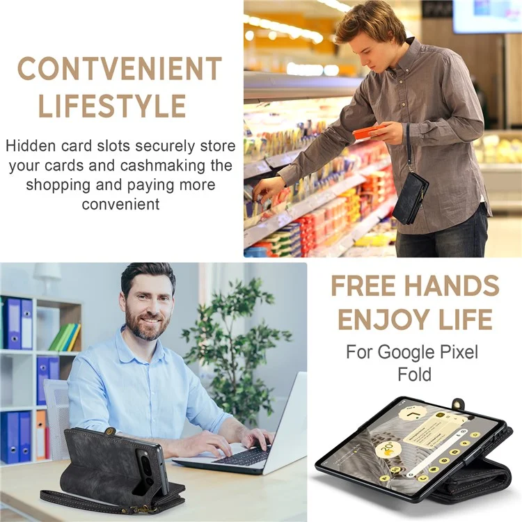 CASEME 008 Series para Google Pixel Fold Estuche de teléfono con bolsillo con cremallera, de pie y billetera Funda de cuero desmontable - Negro